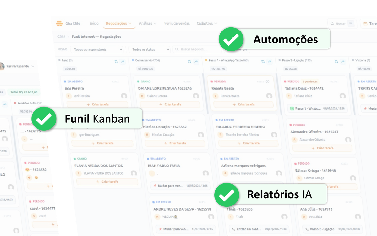 Oba CRM — funil kanban, automações e relatórios com IA