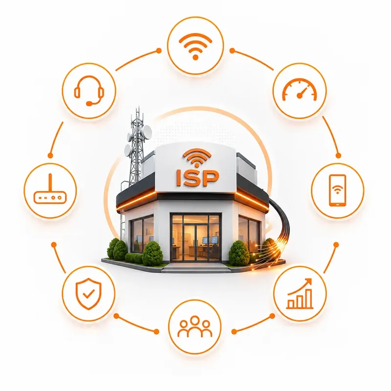 Provedor de internet ISP — torre, fibra óptica, Wi-Fi e suporte